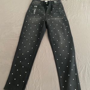Juniors Dark Wash Bedazzled Straight Leg Raw Hem Jeans